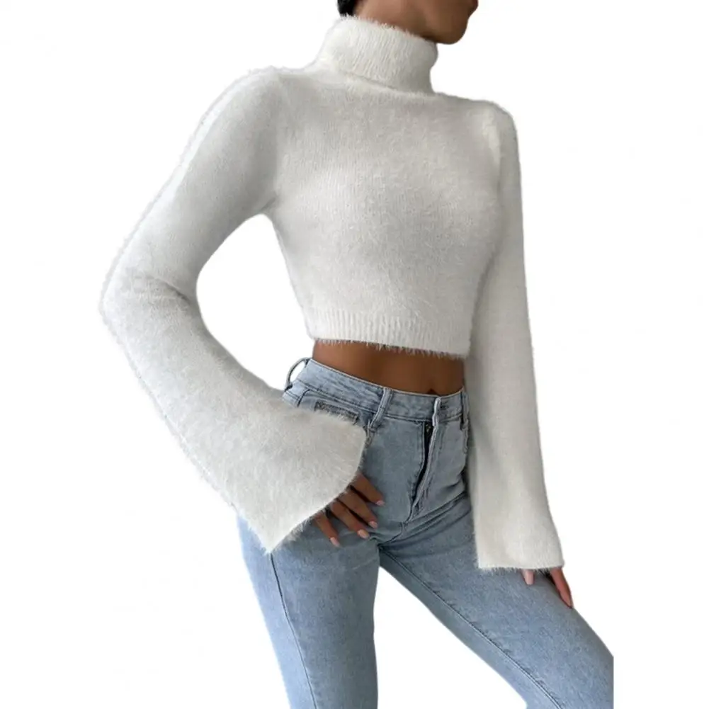 Women Plush Pullover Stylish Women's High Collar Cropped Sweater with Flared Long Sleeves Solid Color Slim Fit Top for Exposed