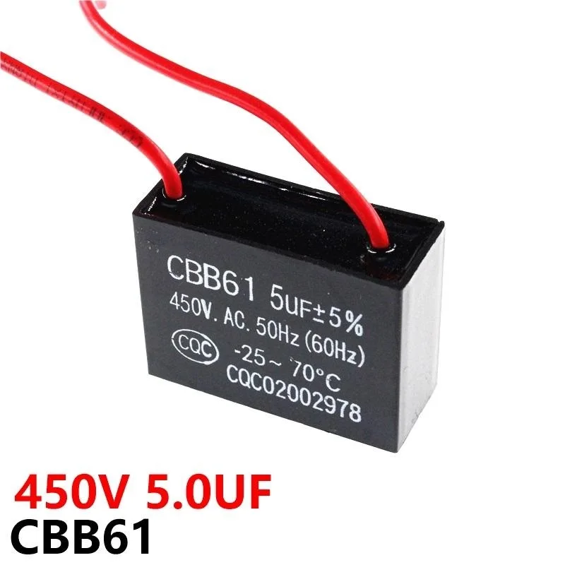 

CBB61 450VAC 5UF Fan Starting Capacitor Lead Length 10cm With Line