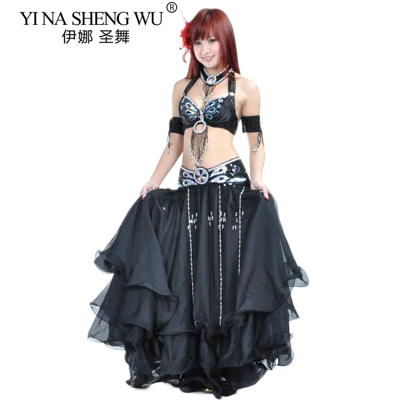 กระโปรง 3 ชั้นสำหรับผู้หญิง กระโปรงชีฟองสำหรับเต้นรำแบบตะวันออก กระโปรงทรงโค้งงอ ไม่มีเข็มขัด กระโปรงสำหรับการแสดงระบำหน้าท้อง กระโปรงสำหรับการแสดงบนเวที กระโปรงสไตล์สเปน