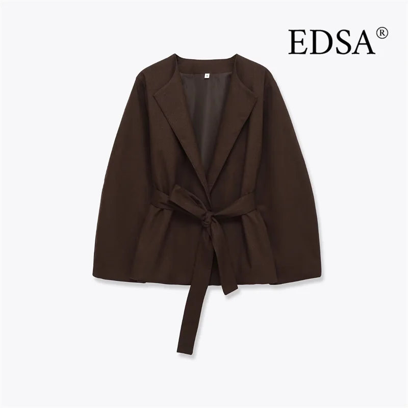 

EDSA Женский пиджак с поясом с длинными рукавами и открытой строчкой Свободная женская верхняя одежда
