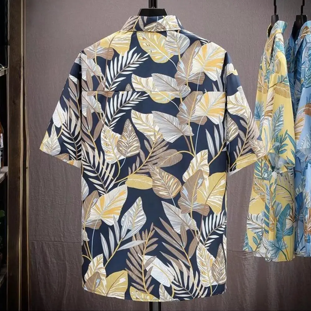 Men Lapel Shirt Tropical Style Men's Leaf Print Shirt with Short Sleeves Single-breasted Turn-down Collar for Vacation Beach Top