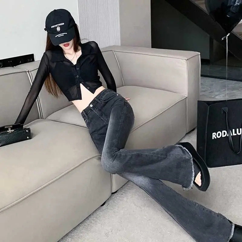 Dames herfst nieuwe modetrend hoge taille wijde pijpen slim fit elastische franjes ontwerp gevoel veelzijdige micro uitlopende broek