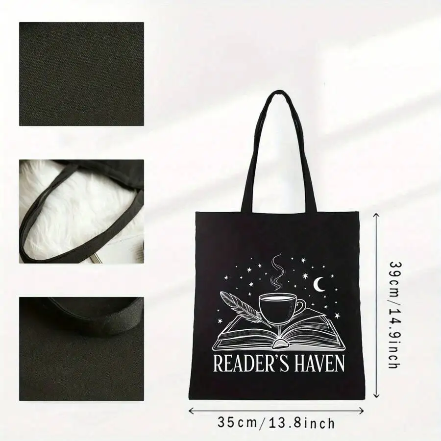

Literary Tote Bag For EReaders Kindle Compatible Book Themed Canvas With Coffee Moon Print