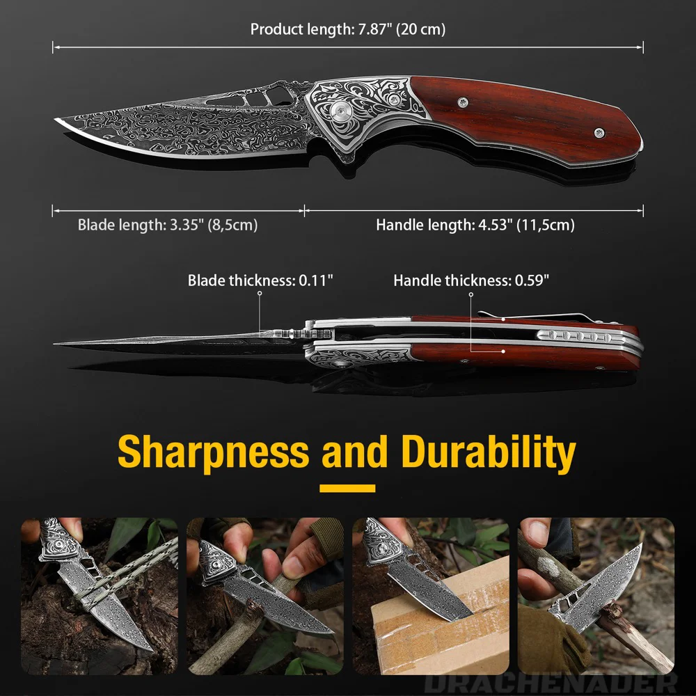 DRACHENADER Vg10 Damascus Pocket Knife for Men, Self Defense Folding Knife, Edc Multitool, Outdoor Camping Knives with Sheath