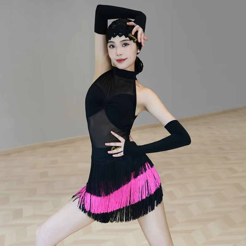 

Одежда для латинских танцев для женщин, черный топ без рукавов, юбка с бахромой, одежда для выступлений для взрослых, танцевальная одежда для ча-ча-самбы, 2299