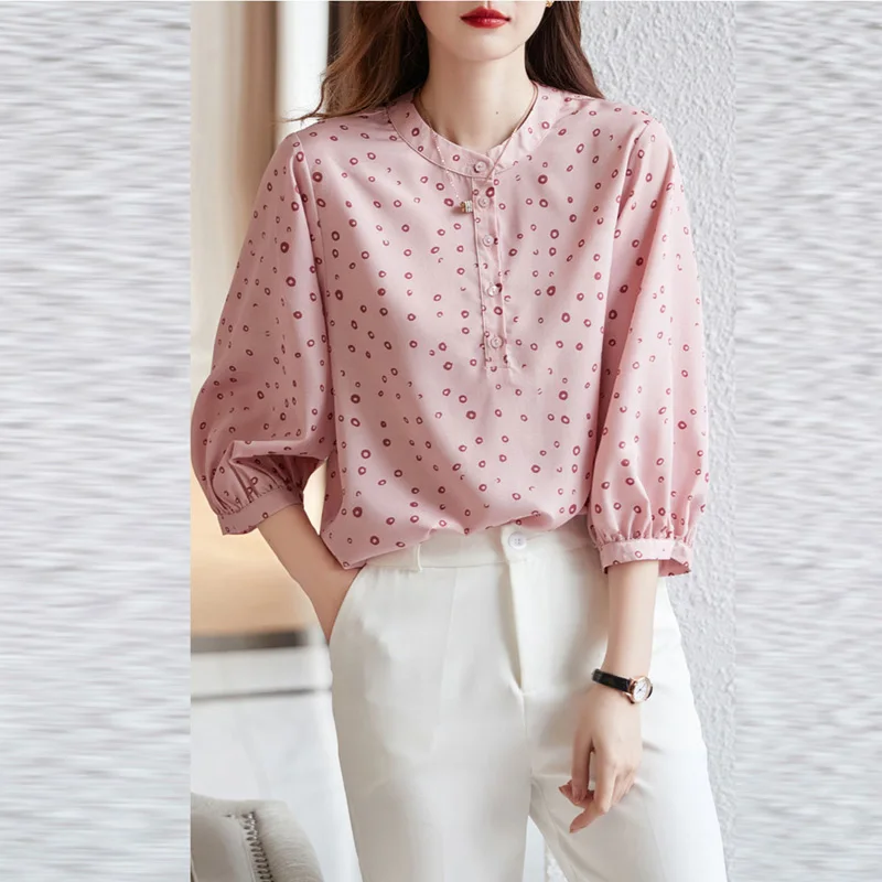 Fashion Printed Polka Dot Puff Sleeve Loose Button Chiffon Blouse Casual Tops Elegant Women\'s Clothing Oversized Commute Shirt