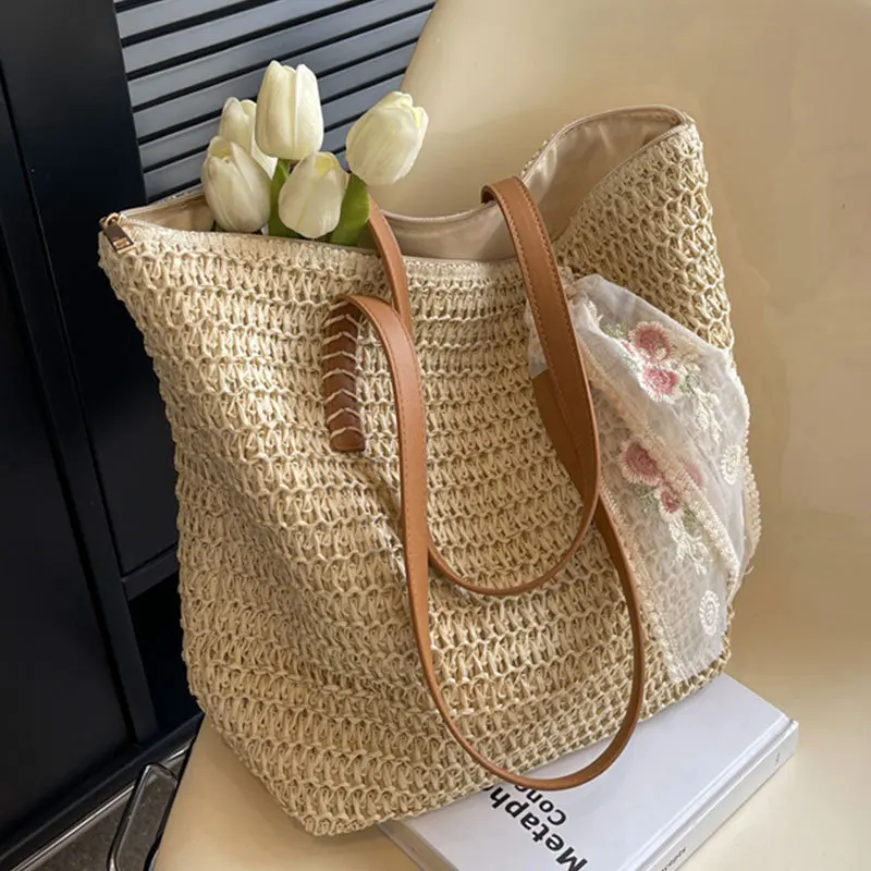 Yogodlns Vintage Women Woven Shoulder Bag Solid Color Lace Ribbon Tote Handbags Wicker Boho Straw Bag for Beach Handle Beige Bag