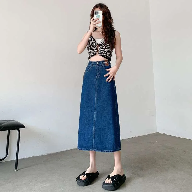 

High Waist Slitted Denim Skirt Women's A-Line Summer Skirt Sweet Sle mid Waist PVC Fabric Ciwalk Suitable Batwing pe
