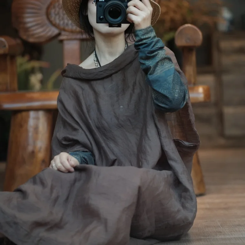 2025 New Arrival Summer Women Casual Loose Good Quality Vintage Cotton Linen Mid-calf Dress O Neck Batwing Sleeve Dresses Y289