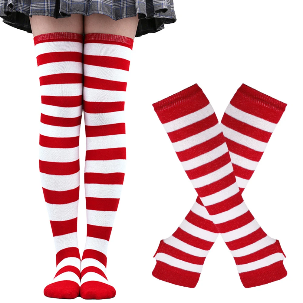 Women Striped Christmas Stocking ComfortableGloves Soft Sleep Sock Set High Overknee Cosplay Party Keep Warm In Winter Stockings