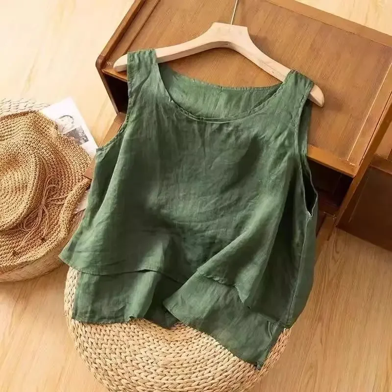 Camiseta sin mangas de algodón y lino, estilo vintage, diseño sencillo, parte delantera corta y trasera larga, con tirantes finos, moda femenina.