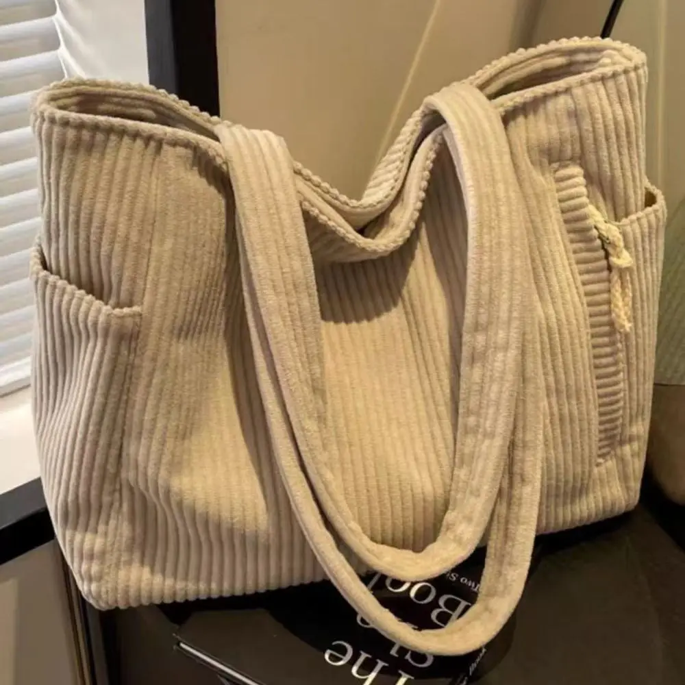 Sacola de compras feminina de veludo durável, cor sólida, fecho de zíper, bolsas de compras casuais, grande capacidade, sacos de almoço, férias