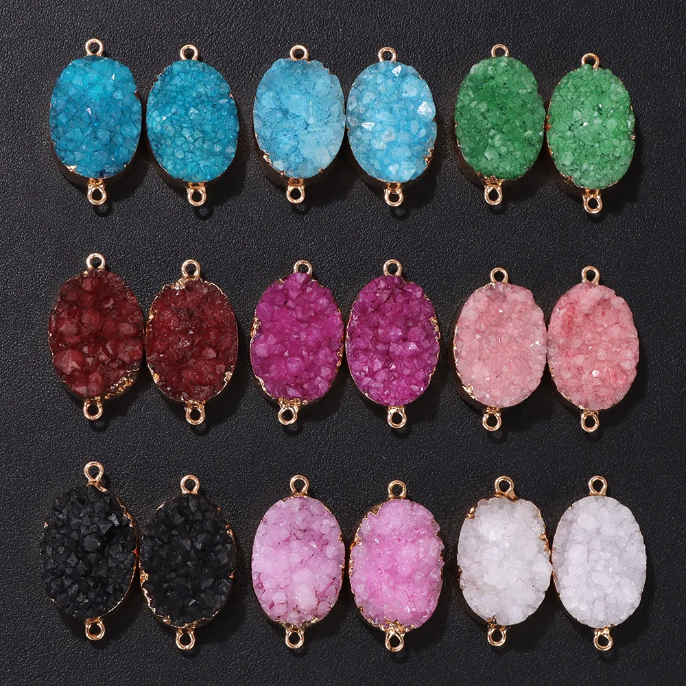 Natural Healing Crystal Druzy Pendant Dyed Oval Shape Rough Agates Geode Connector Charms For Diy Women Handmade Jewelry Making