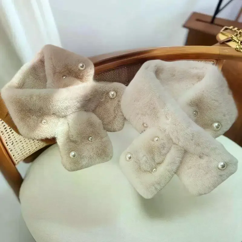 المرأة رقيق الأرنب الفراء الصليب وشاح شتاء دافئ غطاء الرقبة الياقات الأوشحة الكورية فتاة يندبروف اللؤلؤ أفخم سنود منديل #3