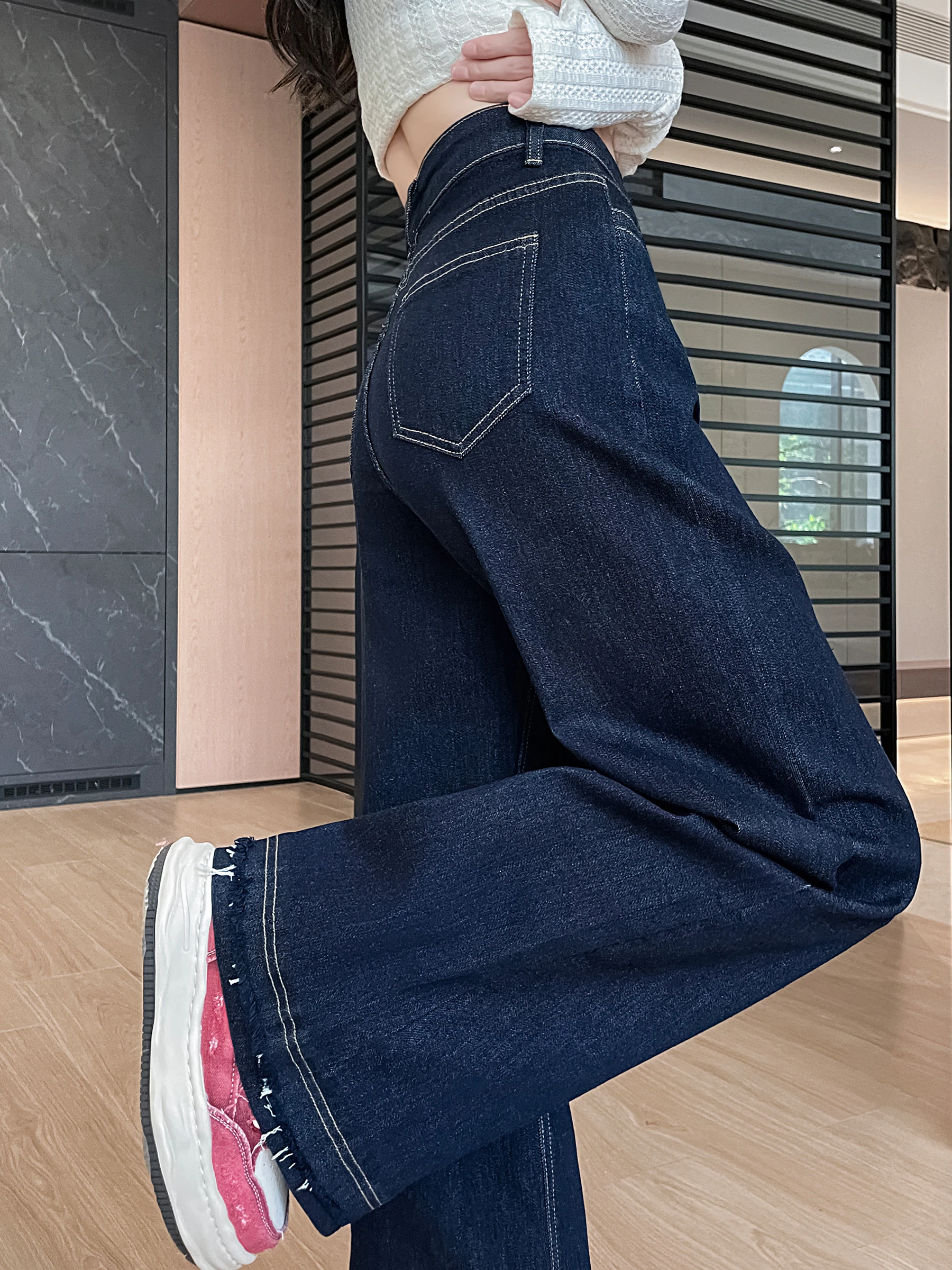 

Широкие джинсы с высокой талией, женские весенне-осенние свободные брюки прямого кроя, брюки длиной до пола, джинсовые синие Fce