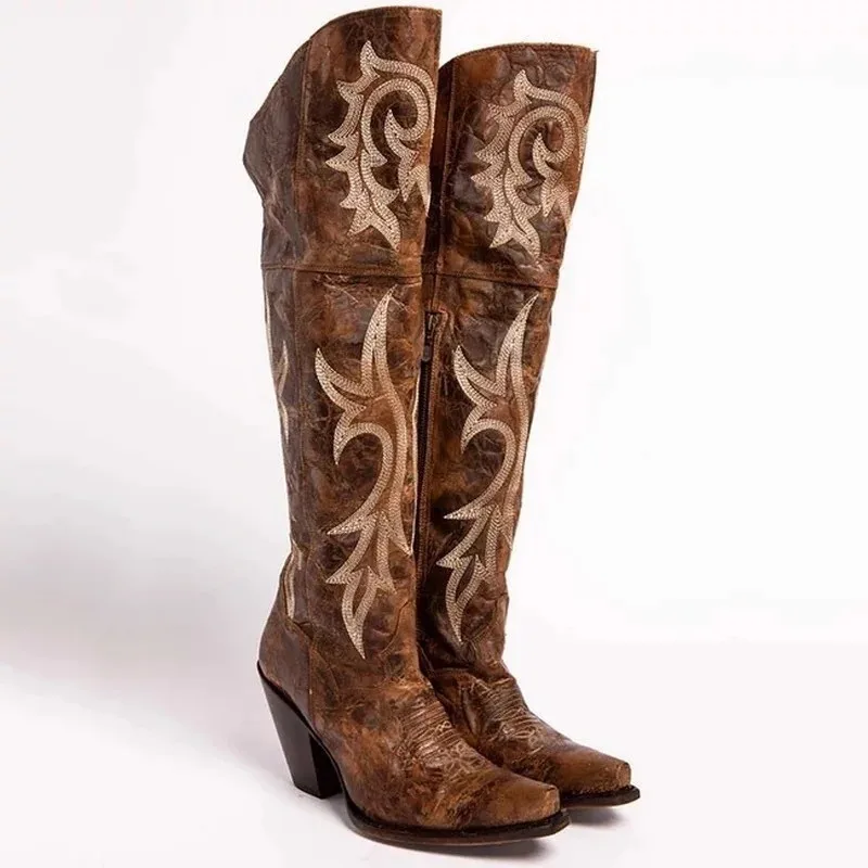 Women's Distressed Western Knee-High Boots Intricate Embroidery Block Heel Rustic Design for Country Autumn/winter Fashion Looks
