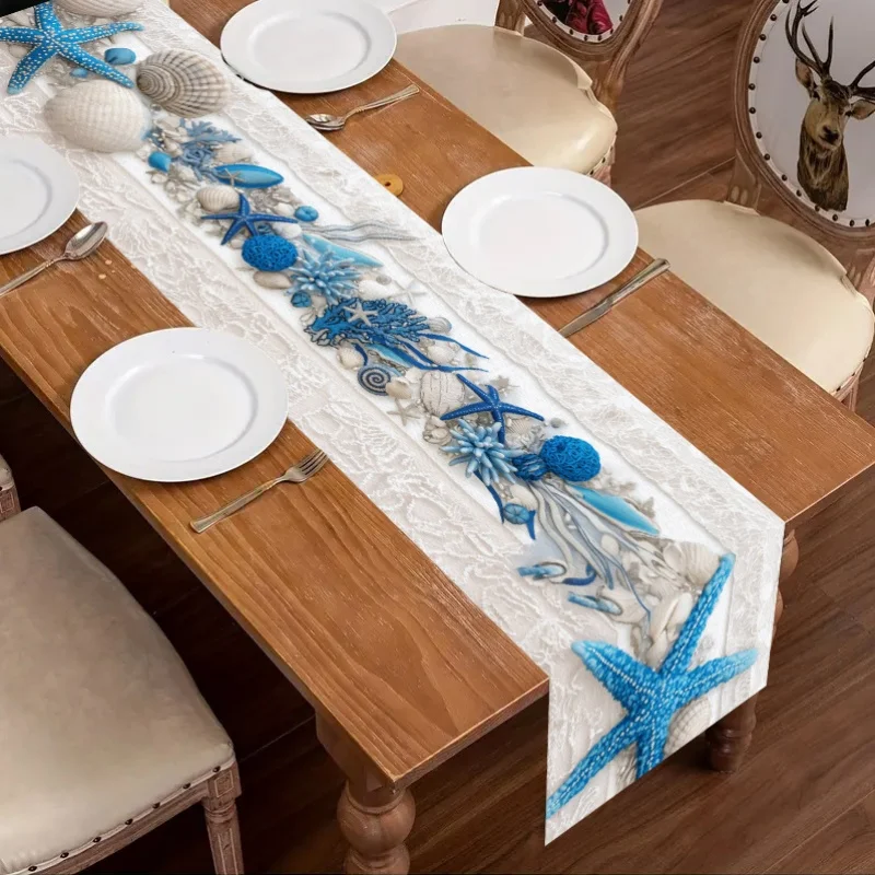 قطعة واحدة من مفرش طاولة على شكل صدفة ستيريو للمحيط، تظليل من الدانتيل مع أصداف مقلدة وديكور نجم البحر، مناسبة لحفلات الزفاف على الشاطئ، والمطاعم ذات طابع المحيط، وحفلات الشاطئ، والديكورات المصنوعة يدويًا، والحفلات الصيفية، والاستوديوهات الفنية