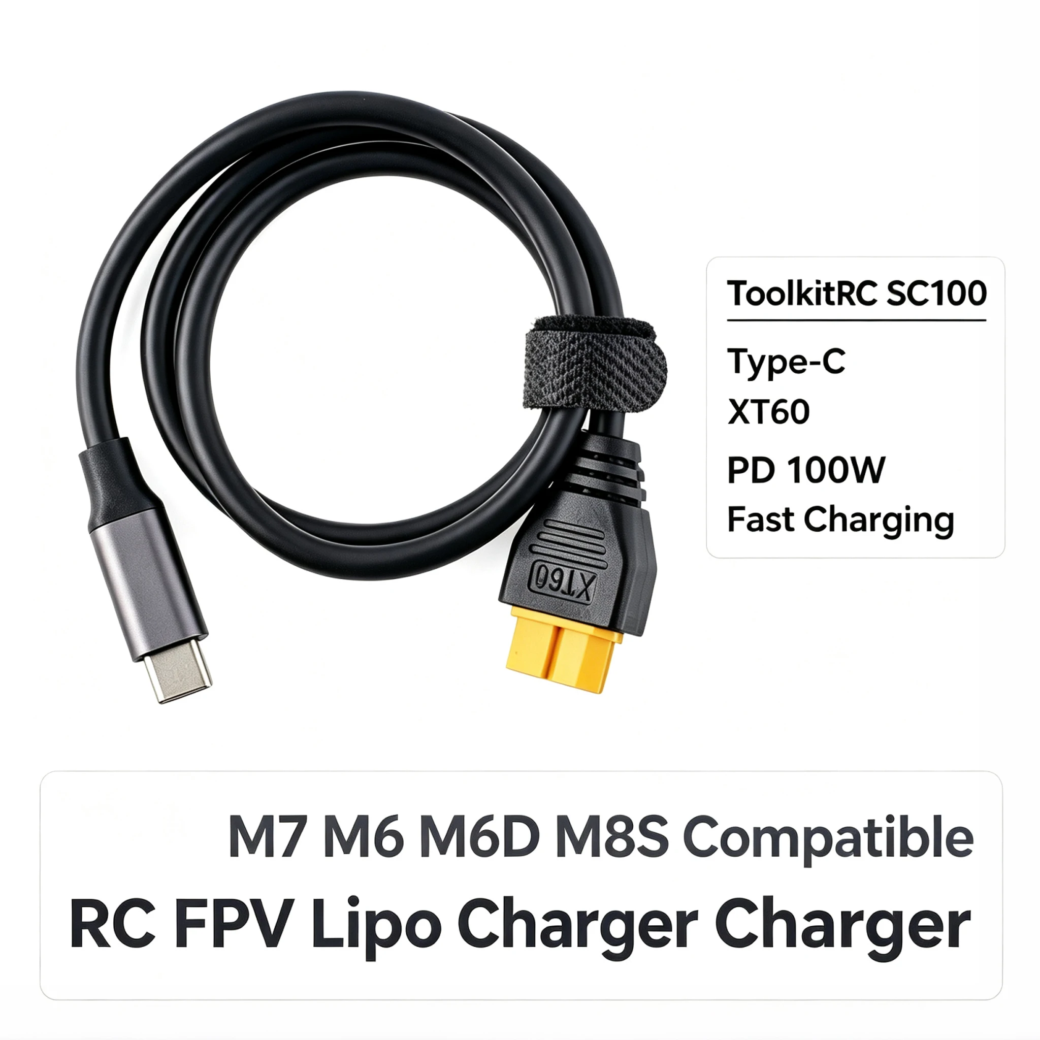 ToolkitRC SC100 Type-C to XT60 PD 100W Fast Charging Cable for ToolkitRC M7 M6 M6D M8S RC FPV Charger