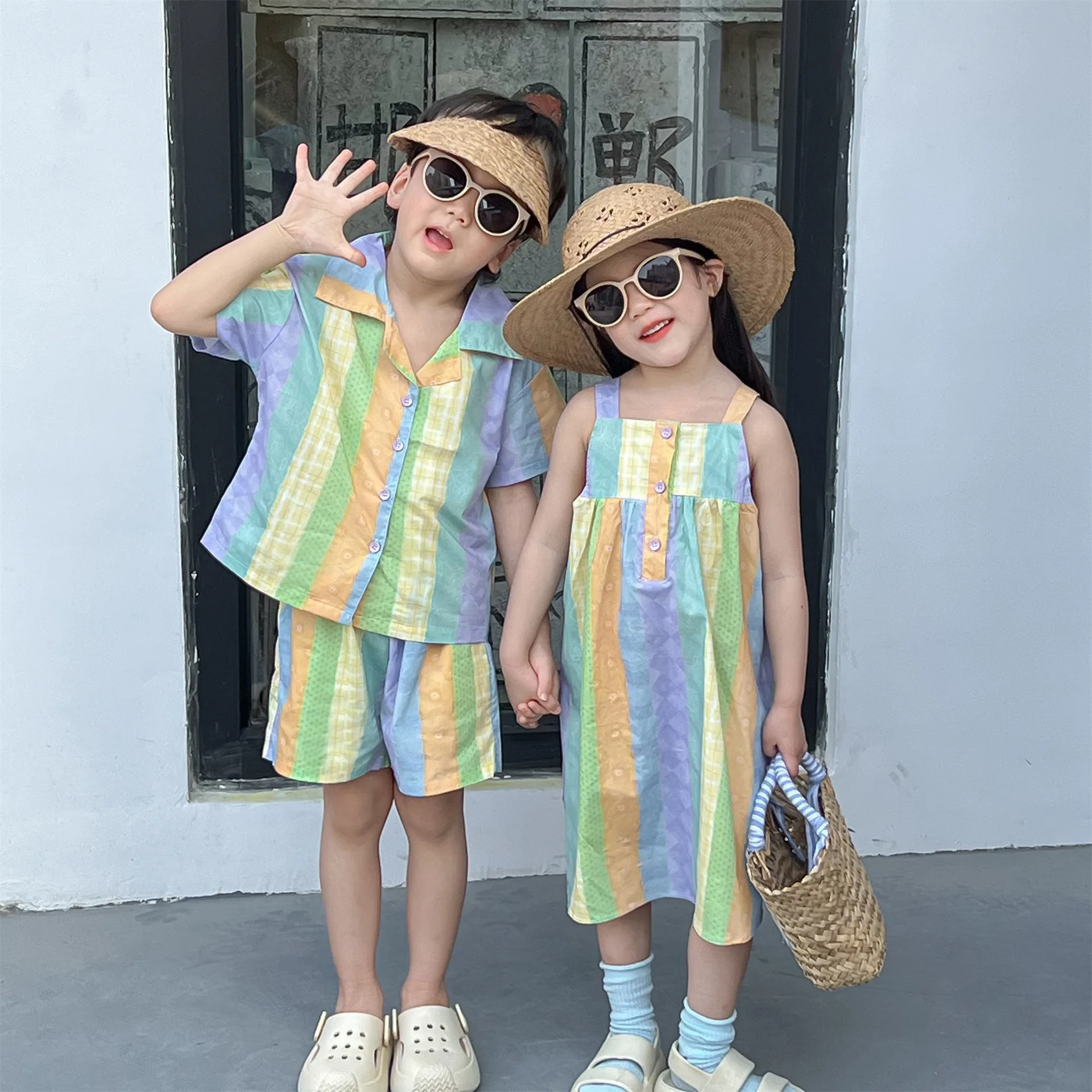 Vacation Look Brother and Sister Matching Twins Clothes Korean Boys Shirts + Shorts Two Piece Outfits Sets Girls Holiday Dresses