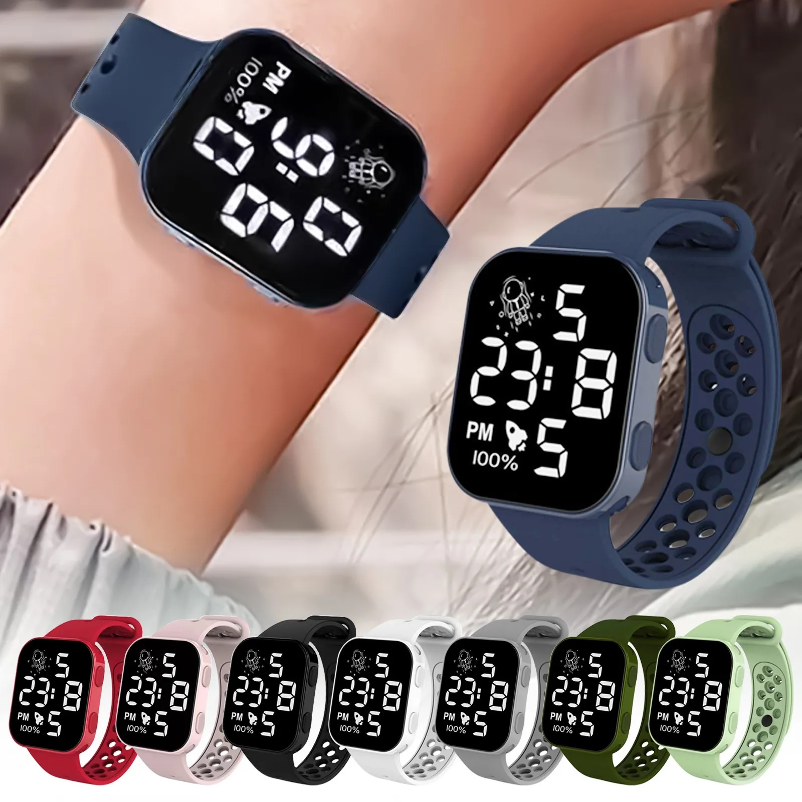 Children’s Solid Color Simple Fashion And Breathable Silicone Strap With Led Display Square Dial Calender Electronic Sport Watch