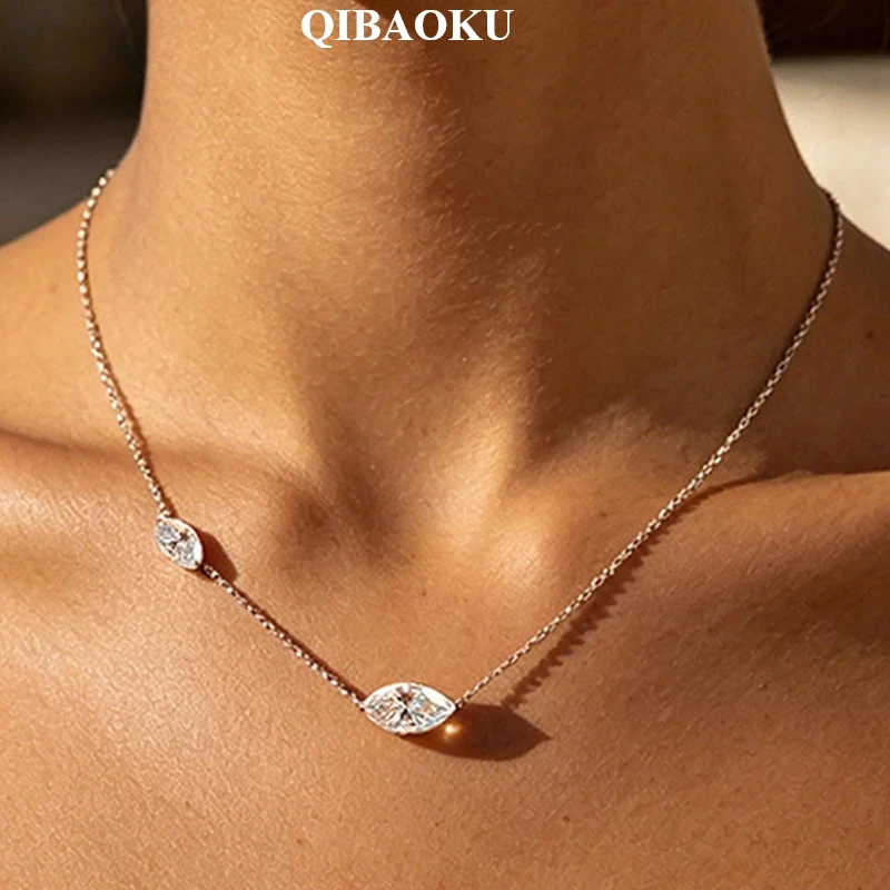 QIBAOKU 3CT Marquise Cut 2 Gems Moissanite Necklace for Women Bride Wedding Jewelry Lab Diamond Chain S925 Sterling Silver 2026