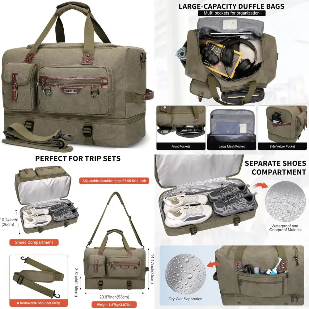 

Men's Canvas Weekender Bag - Overnight Travel Duffle with Shoe Compartment, Army Green for Carry-On Luggage