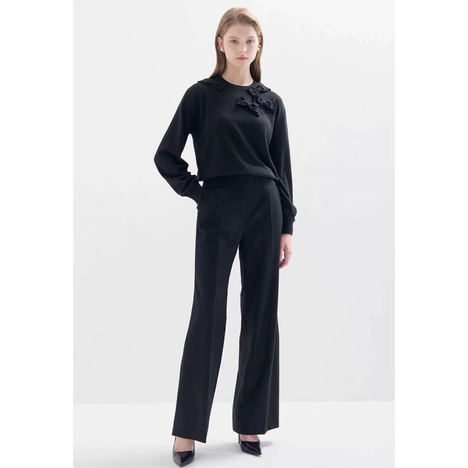 

NingYao LAN26 Spring Fashionable Simple round Neck Knot Decoration Woolen Knitted Sweater Women's Commute Style Lon...