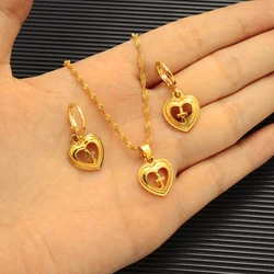 Gold Color Dubai Heart Cross Jewelry Sets Earrings Pendant Necklace Women Party Gifts