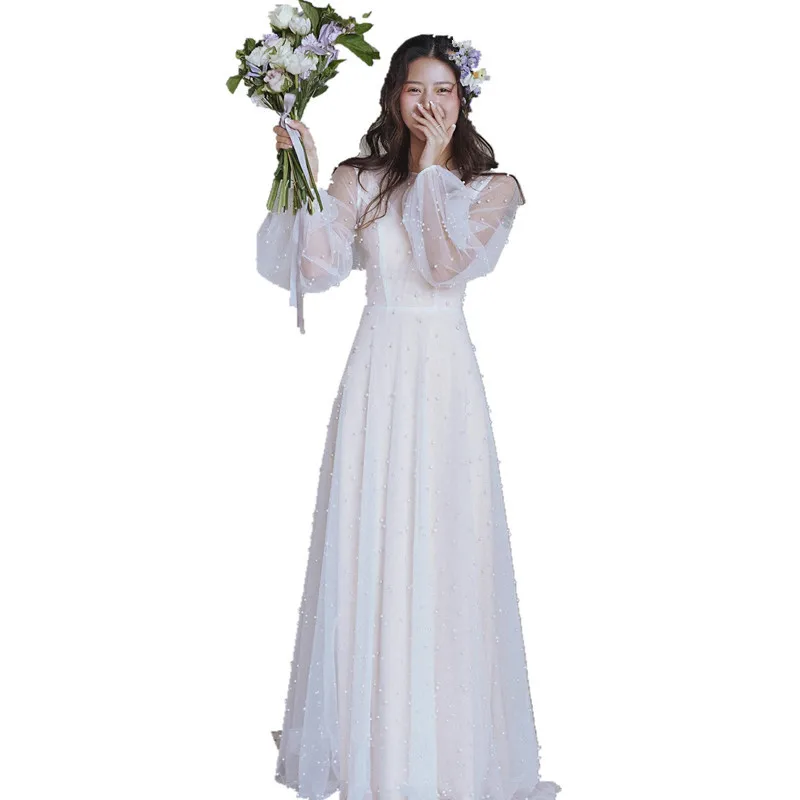 Sposa coreana a trapezio con perle Abito da sposa in due pezzi a maniche lunghe Abito da sposa semplice super fata personalizzato