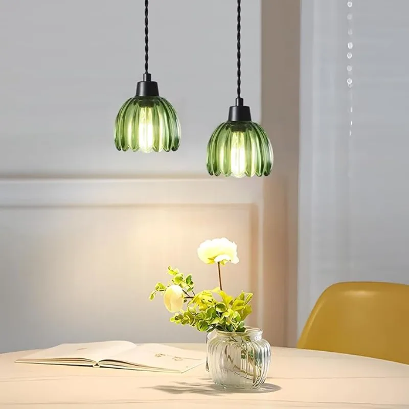 Glass Green Tulip Lamp Shades Set of 2 Small Flower Art Blown Lampshades, 5.5