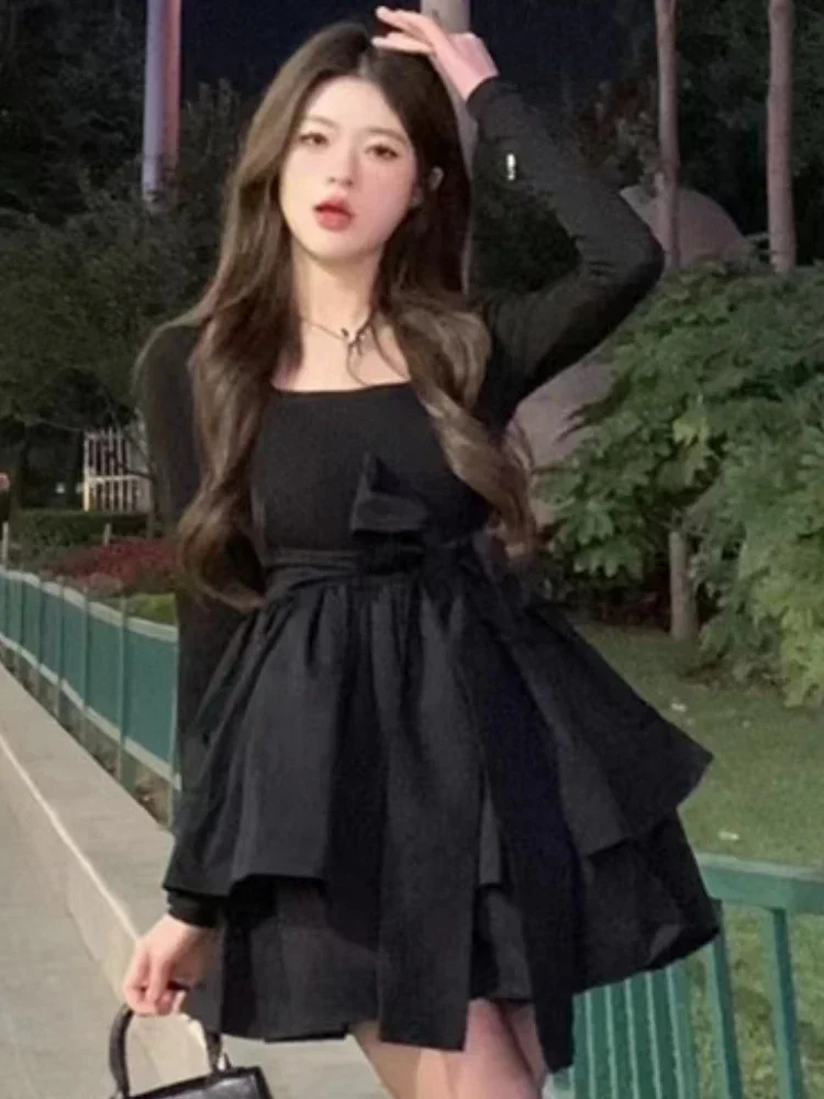 Mini vestidos femininos design em camadas hotsweet estilo coreano streetwear moda gola quadrada primavera elegante temperamento a linha ins feminino