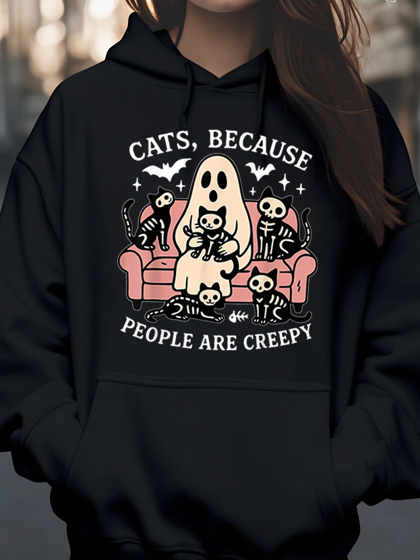 猫は人間が不気味なので、猫と幽霊のプリントが入ったハロウィーンのパーカー、女性と女の子向けのカジュアルウェアです。