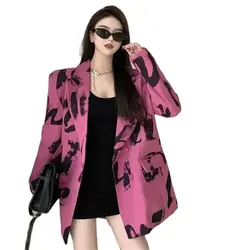 Spring Autumn Blazer For Women 2024 New Fashion Leisure Thin Money Coat Printing Vintage Double-Breasted Rose Outerwear Female