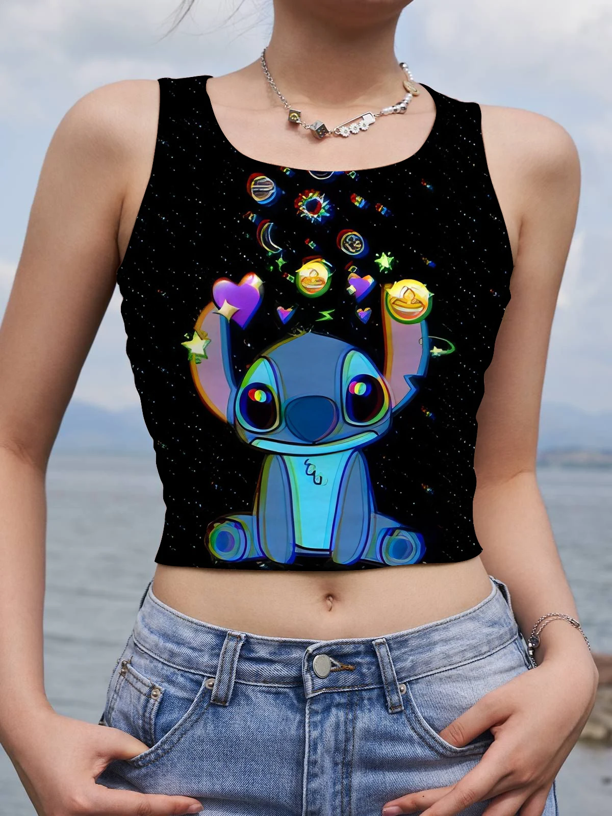 Fashion Corset Beach Crop Top Women Disney Y2k Cool Tank Sexy Tops Sleeveless T-shirts Stitch Summer Woman Clothes T-shirt Tees