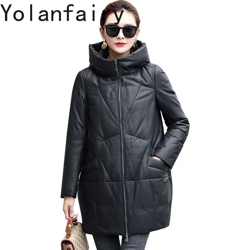 

YOLANFAIRY Leather Jackets Women Genuine Sheepskin Long Down Jacket Casual Winter Hooded Small Coats New Jaqueta Feminina