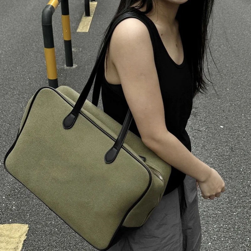 

Women's Spring and Summer Fashion Versatile Military Green Briefcase Unisex Canvas Commuting Large Capacity Handbag Shoulder Bag