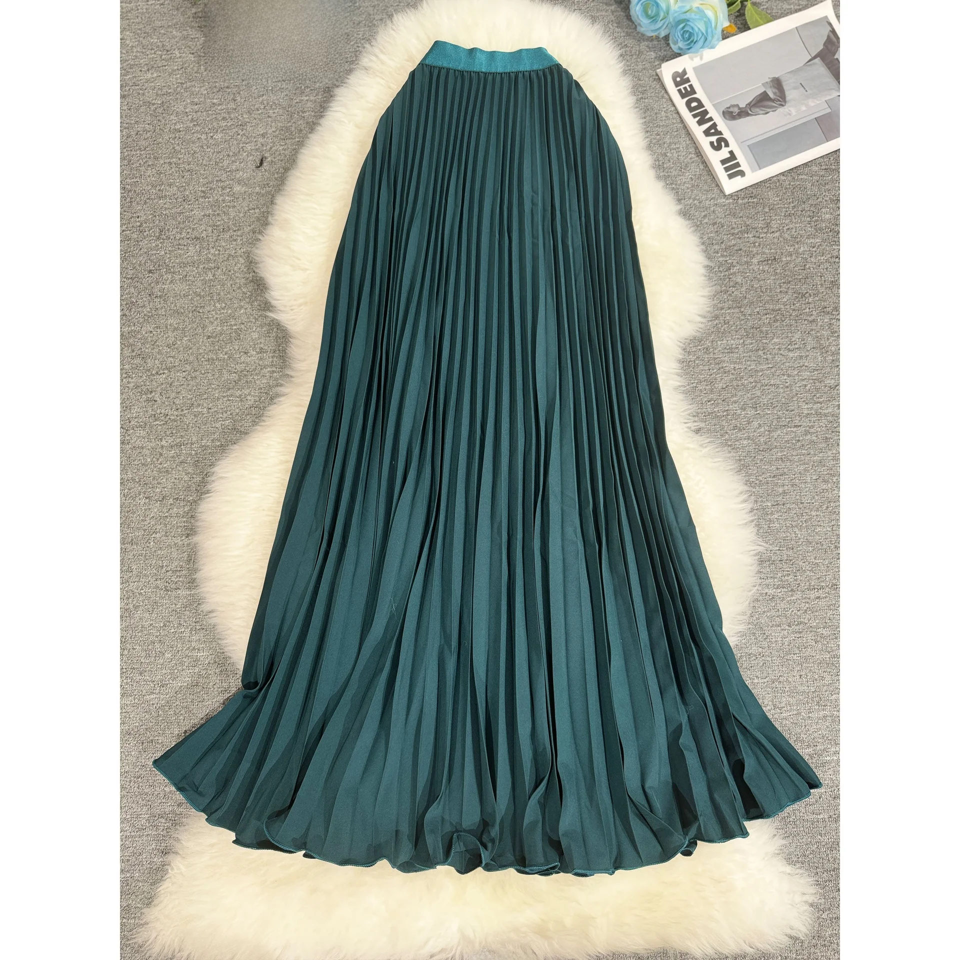 

High Waist Long Wave Pleated Skirt Women's Busin Casual Ultra Thin Polyester Knitted Skirt for Commuting