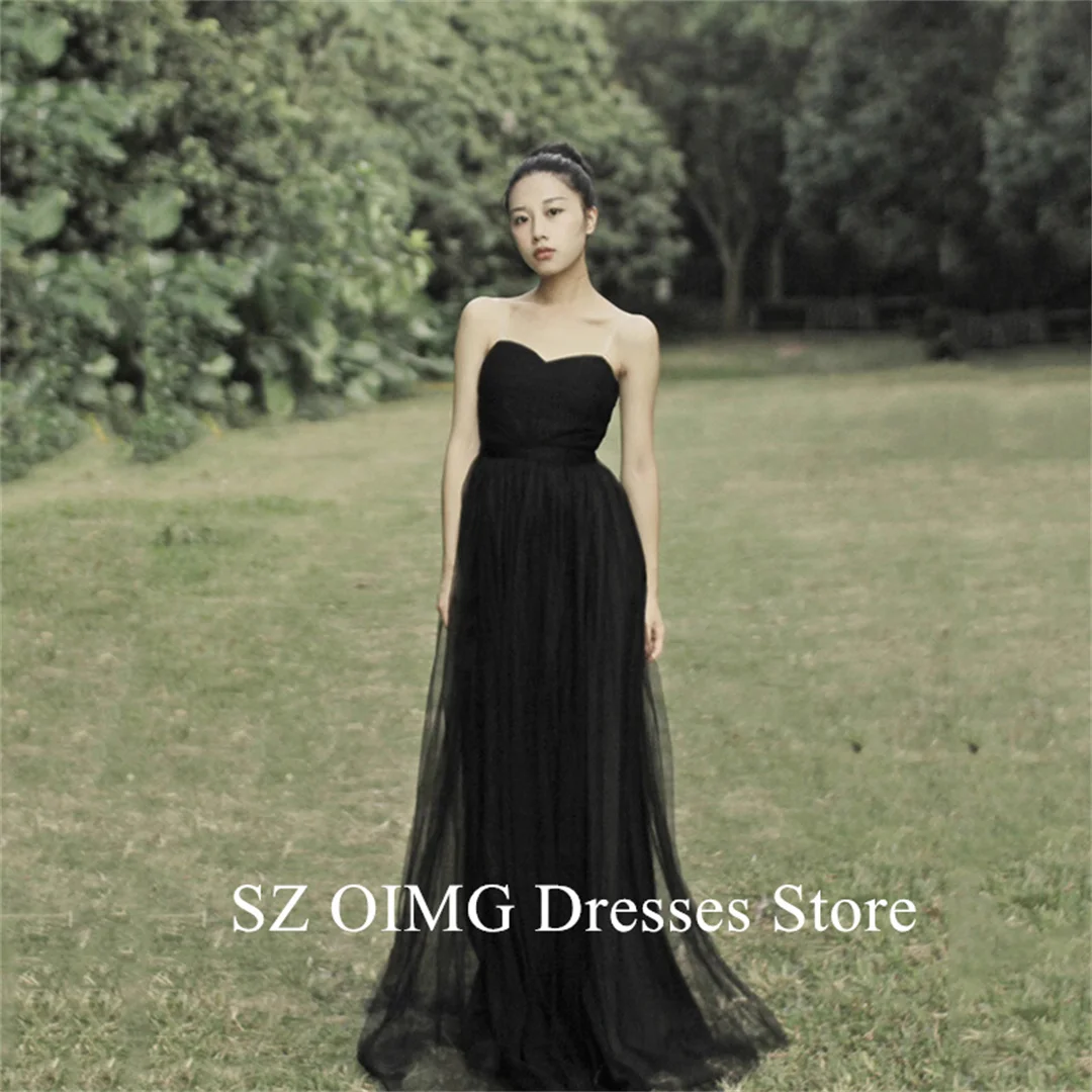 

OIMG Korea A-Line Black Prom Maxi Dresses Ruched Sweetheart Sleeveless Backless A-Line Tulle Evening Gowns Formal Party Dress