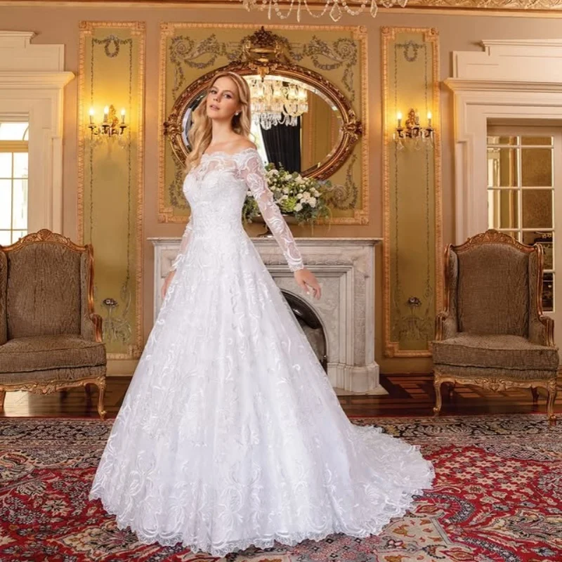 Shiny White Wedding Dresses off-shoulder The corset decal Bridal Gowns A skirt long sleeves multi-layer Made ﻿Customize