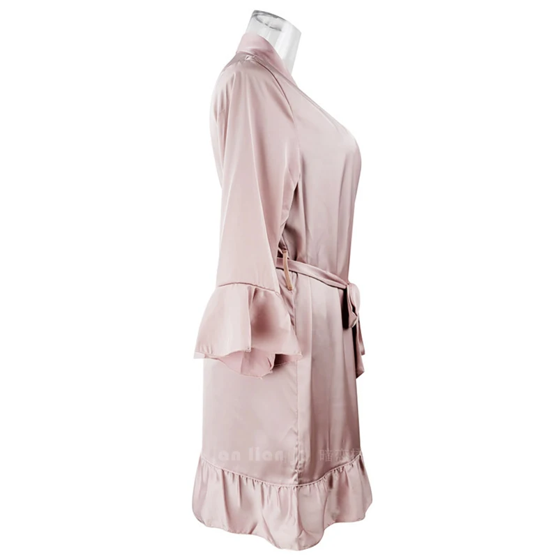 Pink Ruffles Women\'s Satin Bathrobe with Belt 3/4 Long Sleeve V-neck Night Robe Silk Sleepwear Wedding Bridemaid Robe Kimono