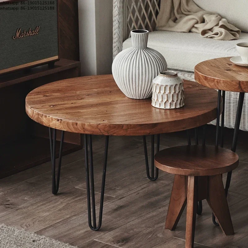 Antique Elm Wood Tea Table Home Wood Round Coffee Desk Sturdy Durable Retro Living Room Furniture 70cm Diameter