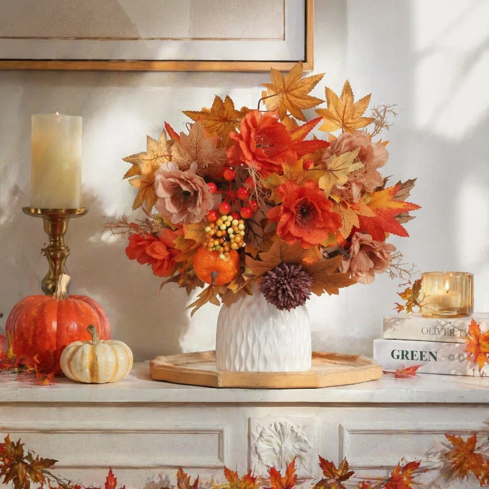 Autumn Artificial Flowers Bouquet Silk Maple Leaf Berry Pumpkin Fake Plant Thanksgiving Halloween Home Decor 2026 Party Supplies - view 6