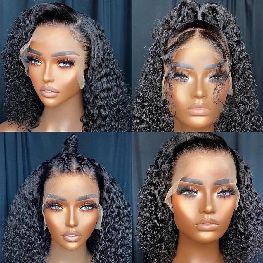 接着剤不要の巻き毛ボブウィッグ人毛100%ショートディープウェーブビルマカールレースフロントウィッグマルチパートニング既製品キンキーベトナム人毛