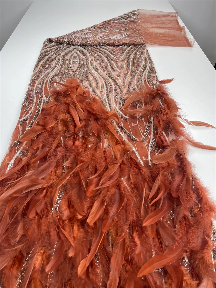 Venda quente design popular moda africano feito à mão pena frisada renda líquida com lantejoulas tecido francês vestido de noite renda líquida