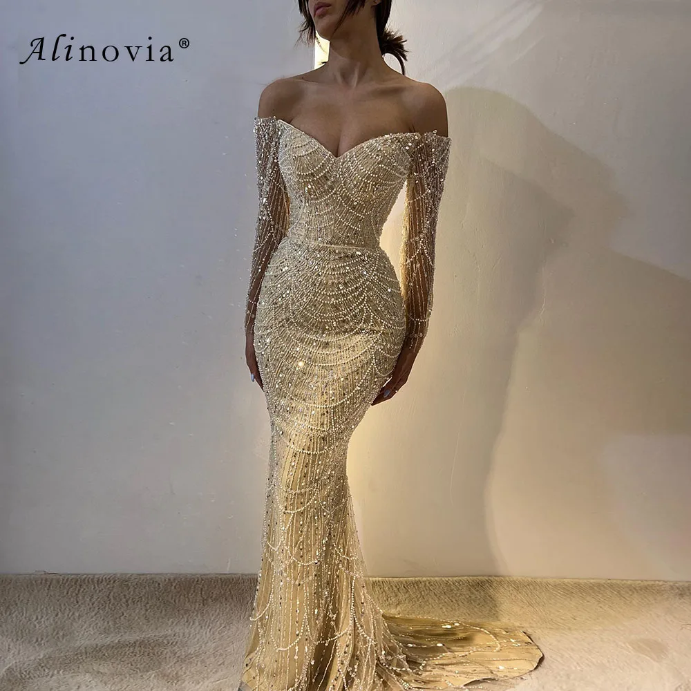 Alinovia Elegant Mermaid Evening Dress for Women 2024 Luxury Off the Shoulder Long Sleeves Pearls Formal Prom Wedding Party Gown