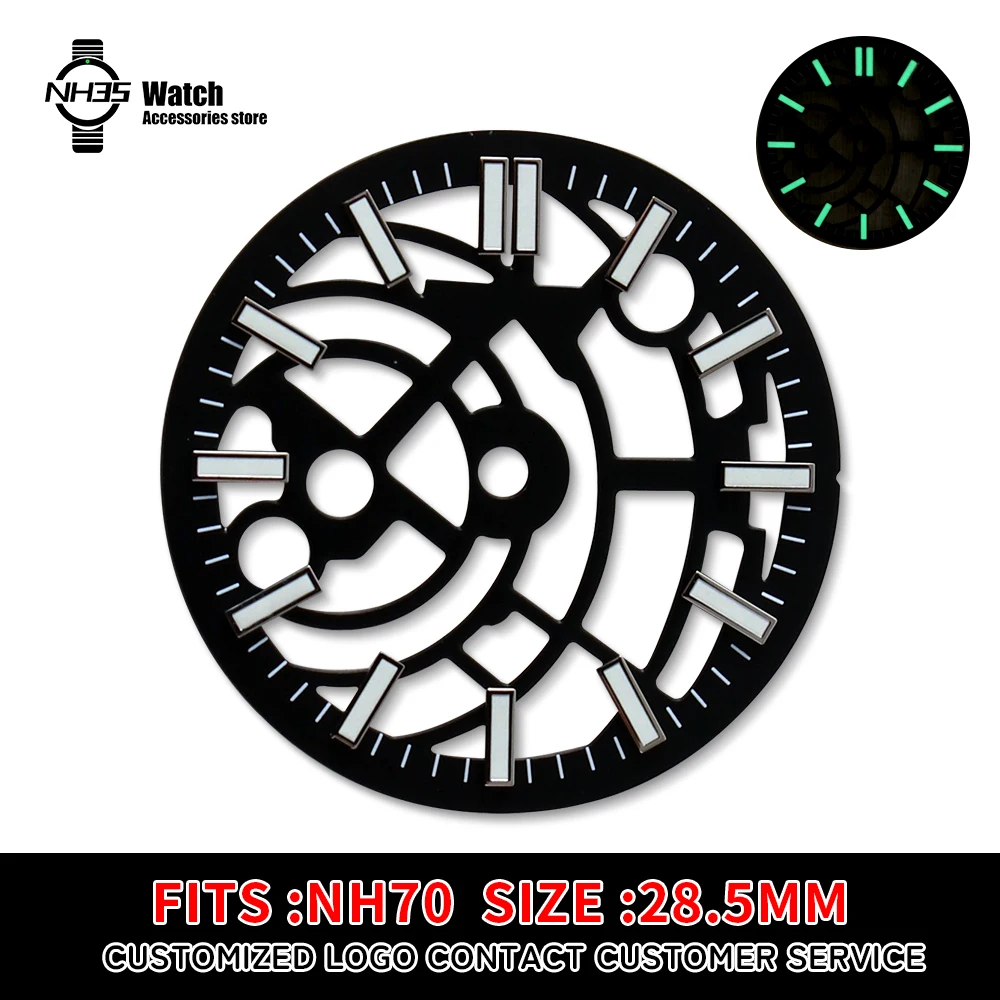 NH70 Hollowing Out Dial Face skeleton For Seiko Mods NH70 NH72 Movement 28.5MM Dial Sterile Green Luminous Watch Accessories