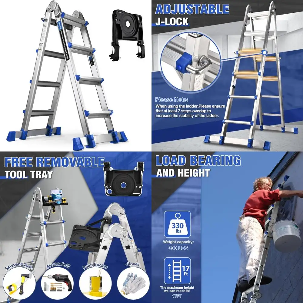

17 Ft Multi-Position Extension Ladder with Removable Tray and Stabilizer, 330 lbs Capacity, Heavy-Duty Ladder for Professional U