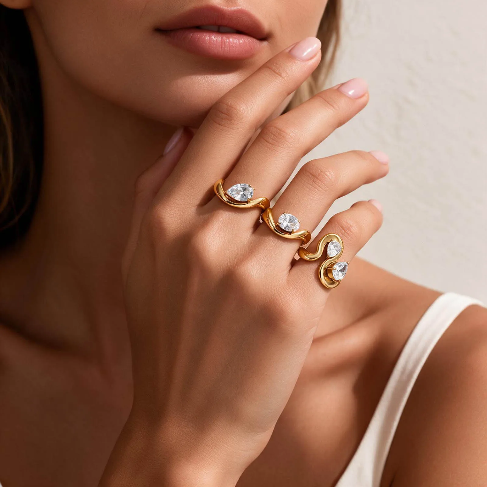 Vnox Trendy Water Drop Shaped Large Zircon Rings for Women Stainless Steel Wave Oval CZ Open Ring Statement Delicate Jewelry