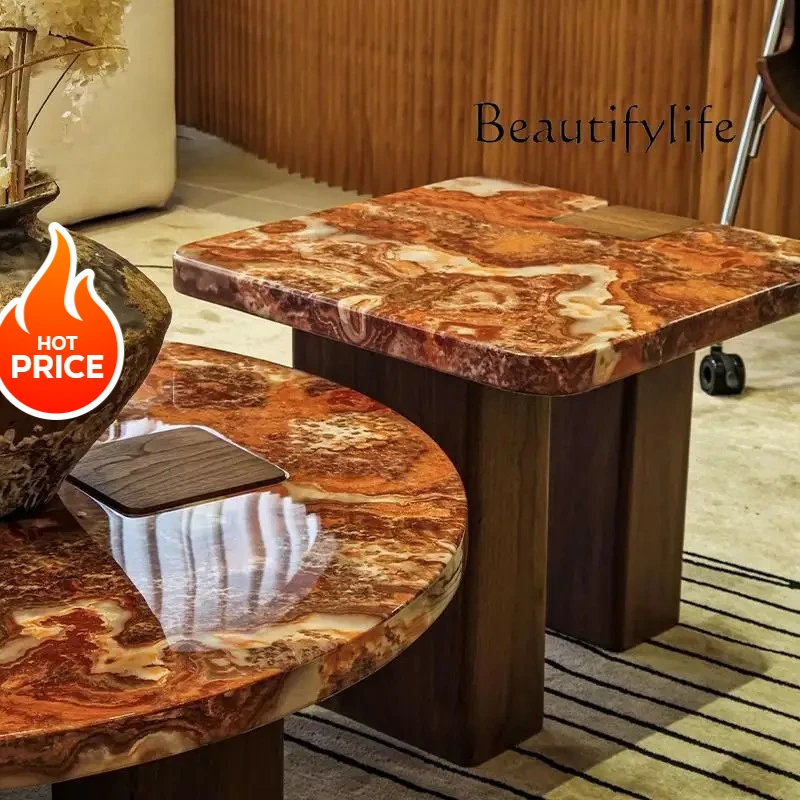 

Centerpiece Red Dragon Stone Nesting Tables-Designer Round Marble Coffee Set w/ Crimson for Premium Living Room