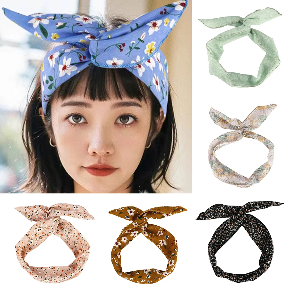 Sweet Bunny Ears Headband With Iron Wire Flower Pattern Face Wash Hair Band Hair Ties Twist Hairband Metal Wire Hair Accessories